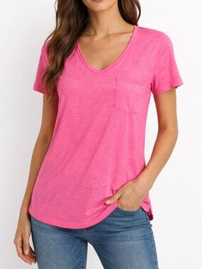 Zenana Outfitters Hot Pink V-Neck Pocket Tee